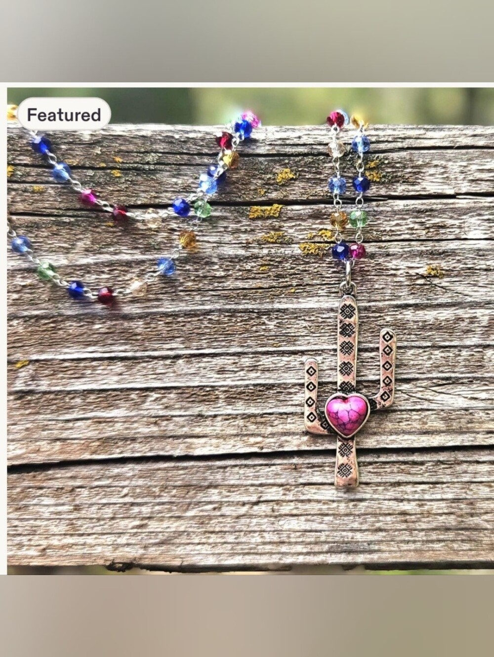 Western Boho Pink Heart Cactus Pendant Necklace - Women Jewelry